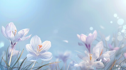 Spring's beautiful crocus flowers grow against a blue sunny sky