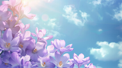 Spring's beautiful crocus flowers grow against a blue sunny sky