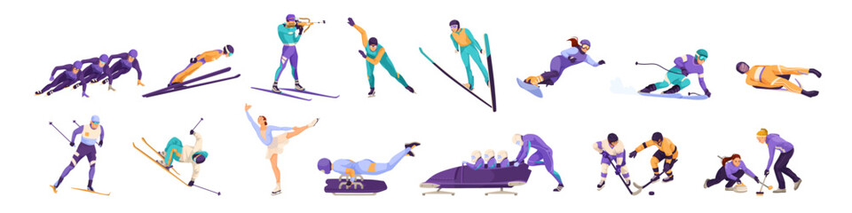 Set of various winter sport activity, people doing ice skating, bobsleigh, hockey, biathlon, snowboarding, freeride, donwhill racing. Isolated on white background . Vector illustration