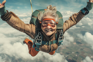 An old, elderly woman jumps from the parachute of an aeroplane and laughs with joy jolly old age
