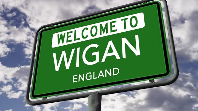 Welcome to Wigan, England, UK City Road Sign, Realistic 3D Animation