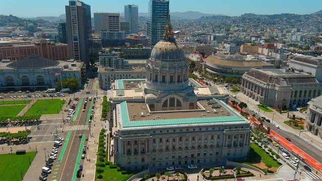 Orbiting Shot Around City Hall Of San Francisco On Sunny Day In San Francisco, California, USA. aerial hyperlapse