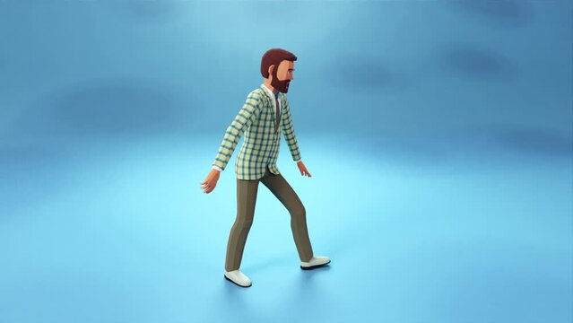 3D bearded man in a checkered jacket dances a modern dance. Stylized 3d bearded man dancing happily on a blue background. Low poly animation.