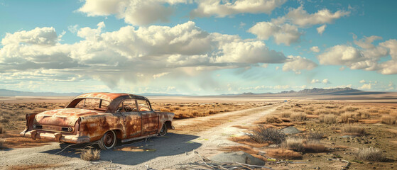 Abandoned Rustic Car in Desert Landscape with Dramatic Sky