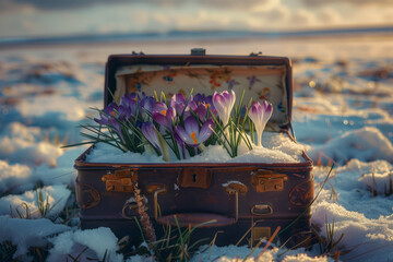 Spring flower crocs growing out of a suitcase in the snow on a sunny winter's day