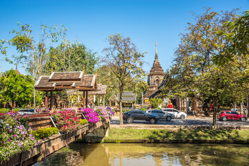 View at the Flower bridge over canal near Wat of Lok Moli in the streets of Chiang Mai town - Thailand - 746440404