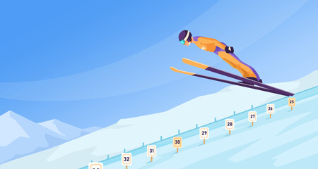 Trained sportsman wearing warm orange sport suit and goggles doing ski jumping on track. Picturesque landscape view. Snowy mountain in the background. Healthy lifestyle activity. Vector illustration - obrazy, fototapety, plakaty
