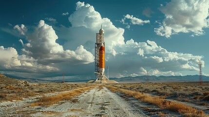 An impressive space rocket stands ready on the launchpad, symbolizing innovation and mankind’s quest to explore the cosmos
 - obrazy, fototapety, plakaty