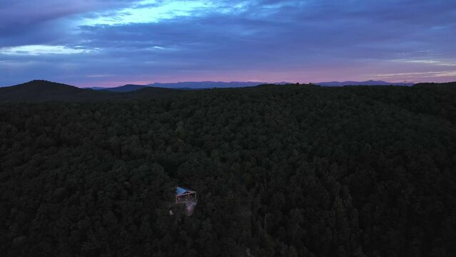Gorgeous Pink and Purple Sunrise over Pretty Place Chapel , Fred W. Symmes Chapel, Cleveland, SC, Mountains on Horizon