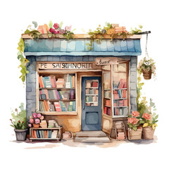 Cute Little Bookstore Watercolor Clipart  isolated 