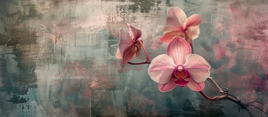A magenta orchid blossom close up on a twig against a wall, creating a beautiful natural art display at the event