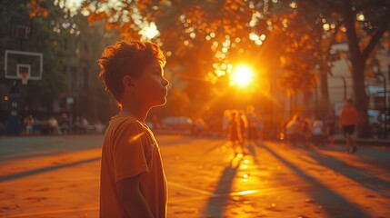 Parents teach their children the fundamentals of basketball, demonstrating proper shooting techniques and passing drills. The warm sunlight illuminates their faces as they share knowledge - obrazy, fototapety, plakaty