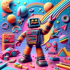 Clay molded robot in a plasticine space around planets, stars, and rainbows. Colorful cartoon illustration. Modeling with plasticine, clay crafting for kids