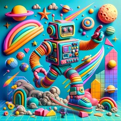 Clay made robot strikes a dynamic pose against a cosmic backdrop of planets, stars, and rainbows. Colorful cartoon illustration for kids. Modeling with plasticine, clay crafting