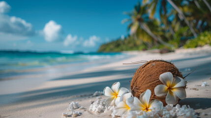beautiful tropical beach with coconut and flowers