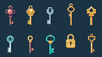 Fototapeta na wymiar Key - An item used to unlock doors, chests, or other locked objects. Game Assets. Multiple Vector Icon Illustration. Icon Concept Isolated Premium Vector. 