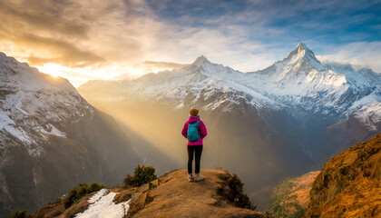 A female hiker standing at sunrise admiring the view of a snow covered mountain range