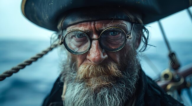 Man with beard and glasses dons pirate hat and goggles in photo caption