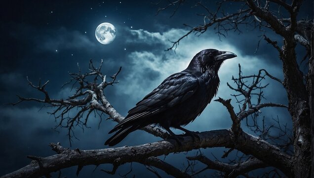 raven on the moon,raven on the tree,silhouettes of a majestic black raven, overlooking a huge full moon shining bright in the night sky. the raven is resting on a dead tree branch