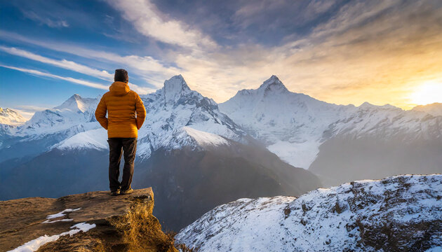 A man standing at sunrise admiring the view of a snow covered mountain range