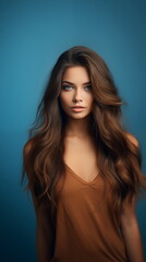 beautiful woman with long brown hair posing against blue background
