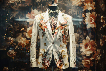 Luxury Men 3-Piece Suit Tuxedo White Floral Print Style on Abstract Black Background