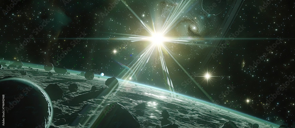 Poster an artists rendition of a space station floating in the vast emptiness of outer space, surrounded by
