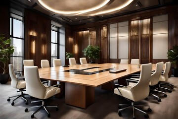  a luxurious office room with a modern conference table, designer chairs, and a combination of natural and artificial lighting for an elegant atmosphere