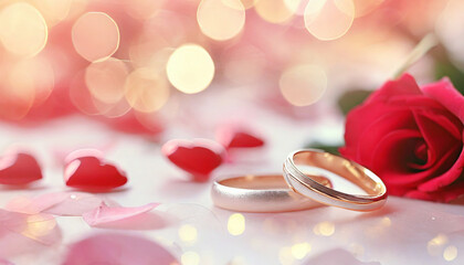 Wedding Rings of love and romance dreamy pastel background , red hearts valentine days , greetings cards congratulations
