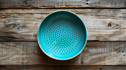Blue dish with hole son the wooden
