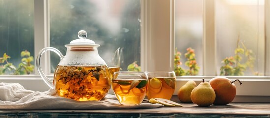 Obraz na płótnie Canvas Fresh pear herbal tea in a glass kettle.
