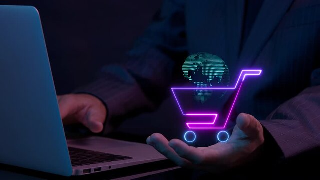 Marketing, profit, investment, growth business, economy, finance and success concept. Businessman working with computer laptop that showing animation of planet earth icon with shopping cart icon.
