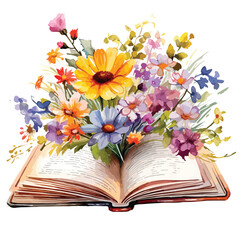 Open Book with Flowers Watercolor Clipart  isolated