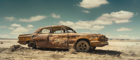 Abandoned Rustic Car in Desert Landscape with Dramatic Sky