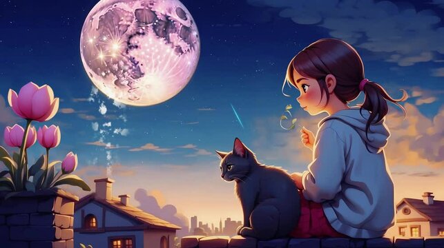 The girl on the rooftop with his cat, under the moon, with twinkling stars, falling stars