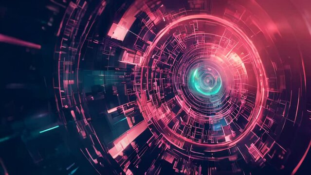 A digital tunnel where pink and blue lights intersect, symbolizing the flow of data and high-speed communication.
