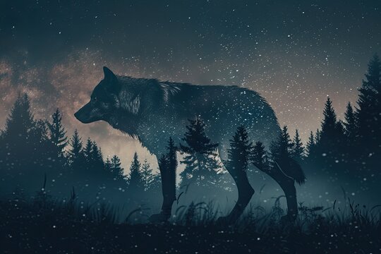 A wolf overlaid with the silhouette of a dense forest under a starry night sky in a double exposure