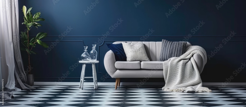 Canvas Prints living room interior with a chessboard floor, sofa, blanket, stool, and glass decorations on a navy 