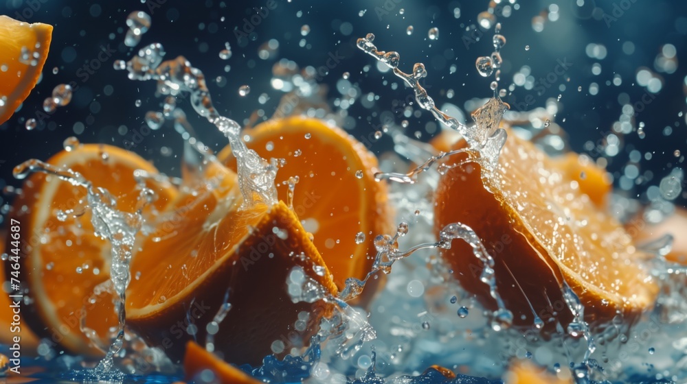 Aufkleber cut oranges smash in the air, splashing juice in slow-motion. captured with depth of field and fine 