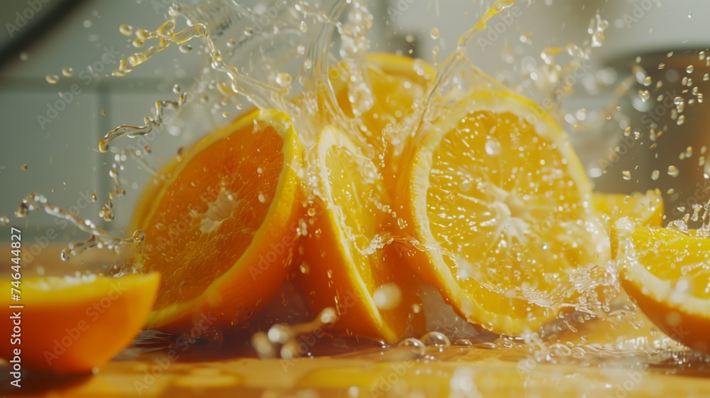 Aufkleber cut oranges smashed in the air, splashing juice in slow motion with a depth of field effect. fine st