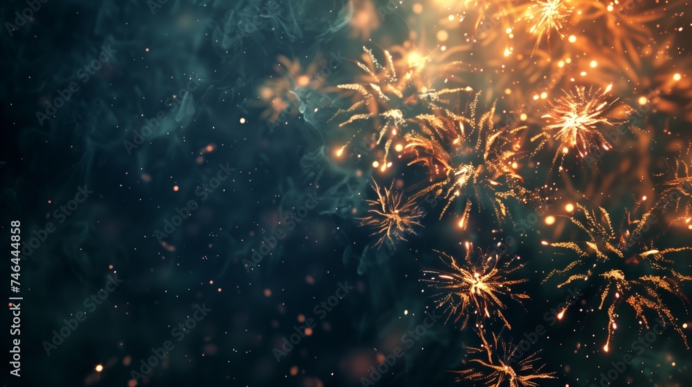 Poster fireworks against a dark background with free space for text.