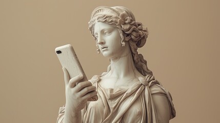 Marble female statue with smartphone, classical artistry with contemporary technology integration isolated on a beige background