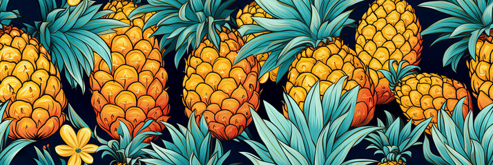 seamless exotic tropical pattern with pineapples on yellow green background - obrazy, fototapety, plakaty