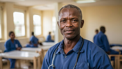 Confident African male doctor with stethoscope in a hospital ward - obrazy, fototapety, plakaty