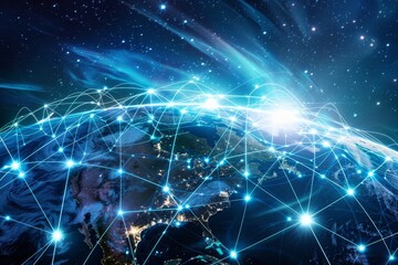 Obraz premium 地球・世界とネットワークのイメージ（テクノロジー・データ通信・スマートシティ・ビッグデータ）