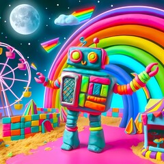 Clay made funny robot in a whimsical amusement park in the space. Colorful cartoon illustration. Modeling with plasticine, clay crafting for kids. Abstract surreal world, neon vibrant colors  - 746445086