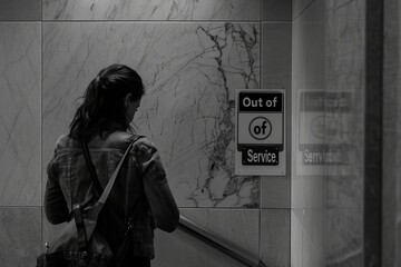Broken Elevator - Someone sighing in front of a "Out of Service" sign on an elevator, preparing to take the stairs. - Powered by Adobe