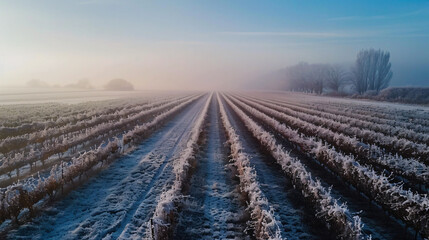 Bordeaux vineyard over frost and smog and freeze.