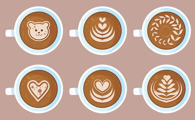 Coffee drinks. Collection of coffee drink with variety latte art heart, rosetta, leaf, bear. Cappuccino, flat white, espresso, americano vector illustrations set. Latte Art with Coffee Cup 