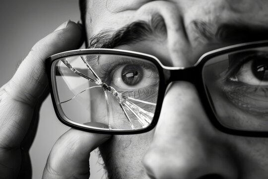Broken Glasses - An individual examining their glasses with one lens popped out, contemplating how to see clearly again.